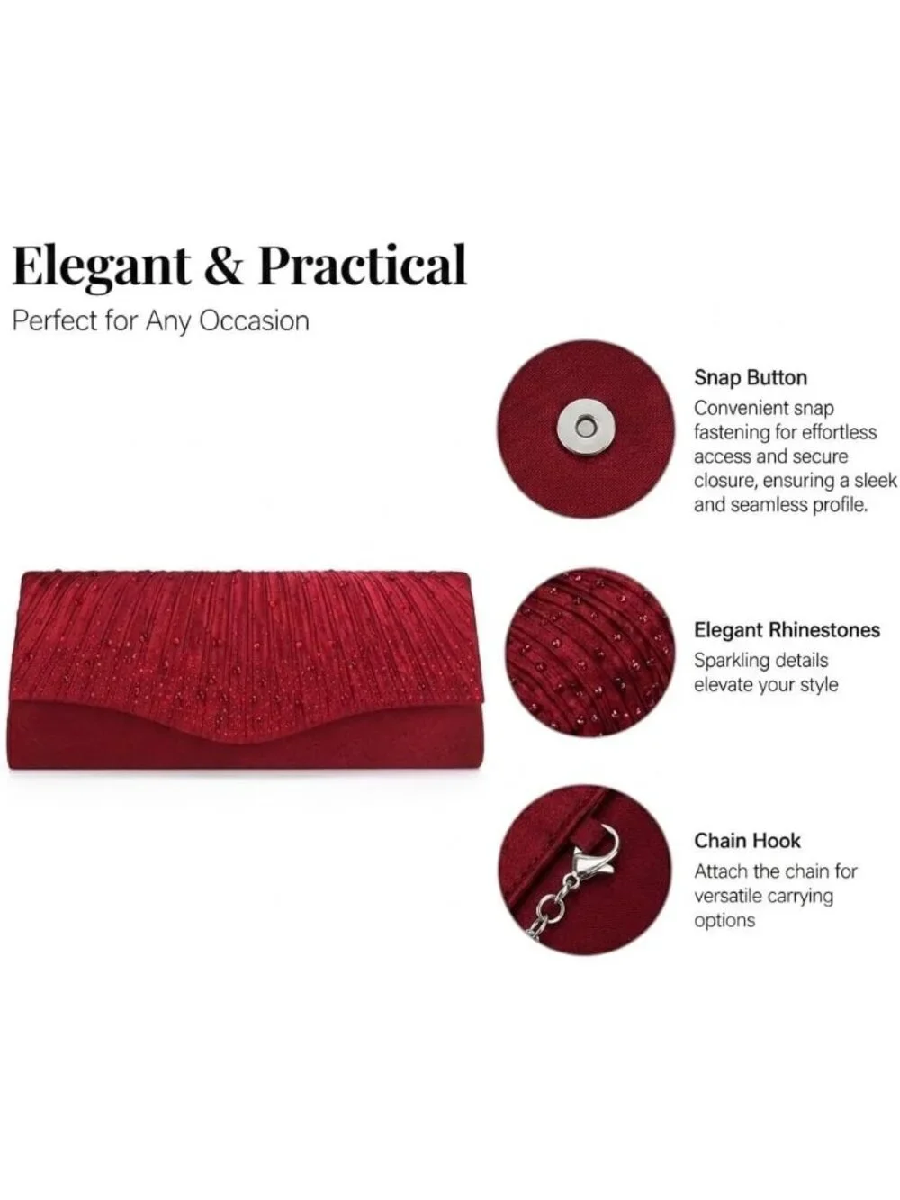 👜 Women's Red Dent-Proof Pleated Rhinestone Formal Evening Bag with Chain